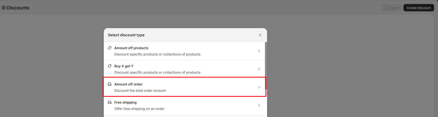 Choose discount type in Shopify admin